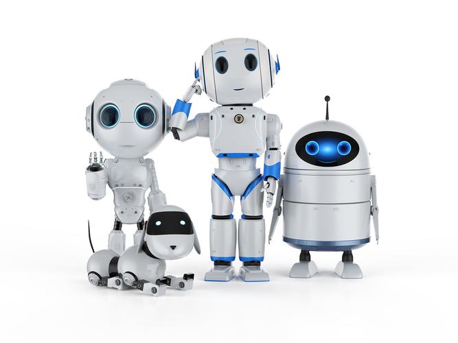 白色前的幾個機器人具有卡通人物的人工智能機器人3d渲染組